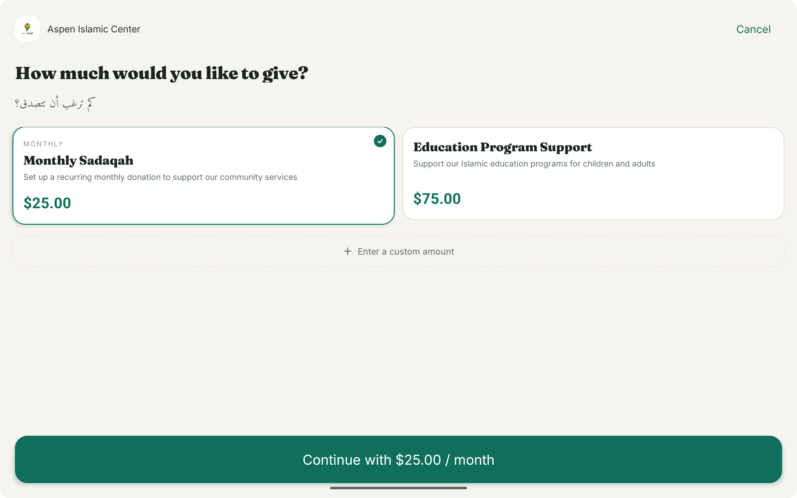 Masjid Connects donation kiosk — choose an amount screen