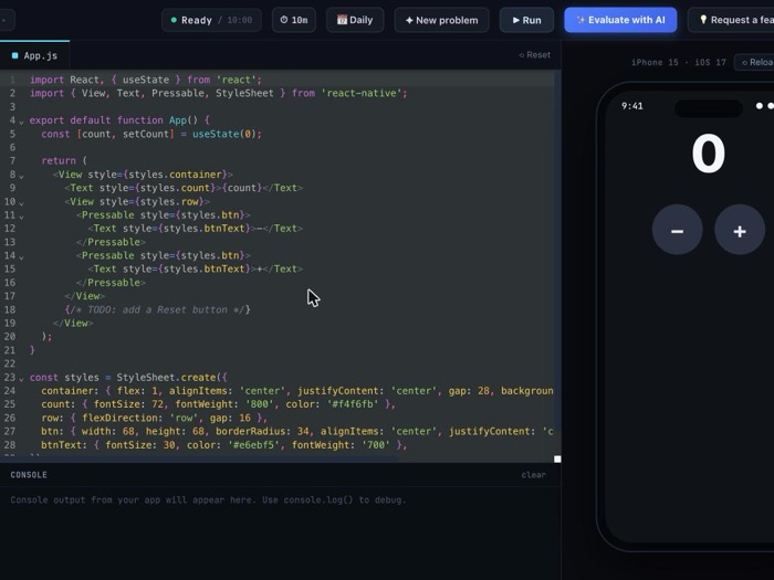 RN Interview Practice code editor and live preview